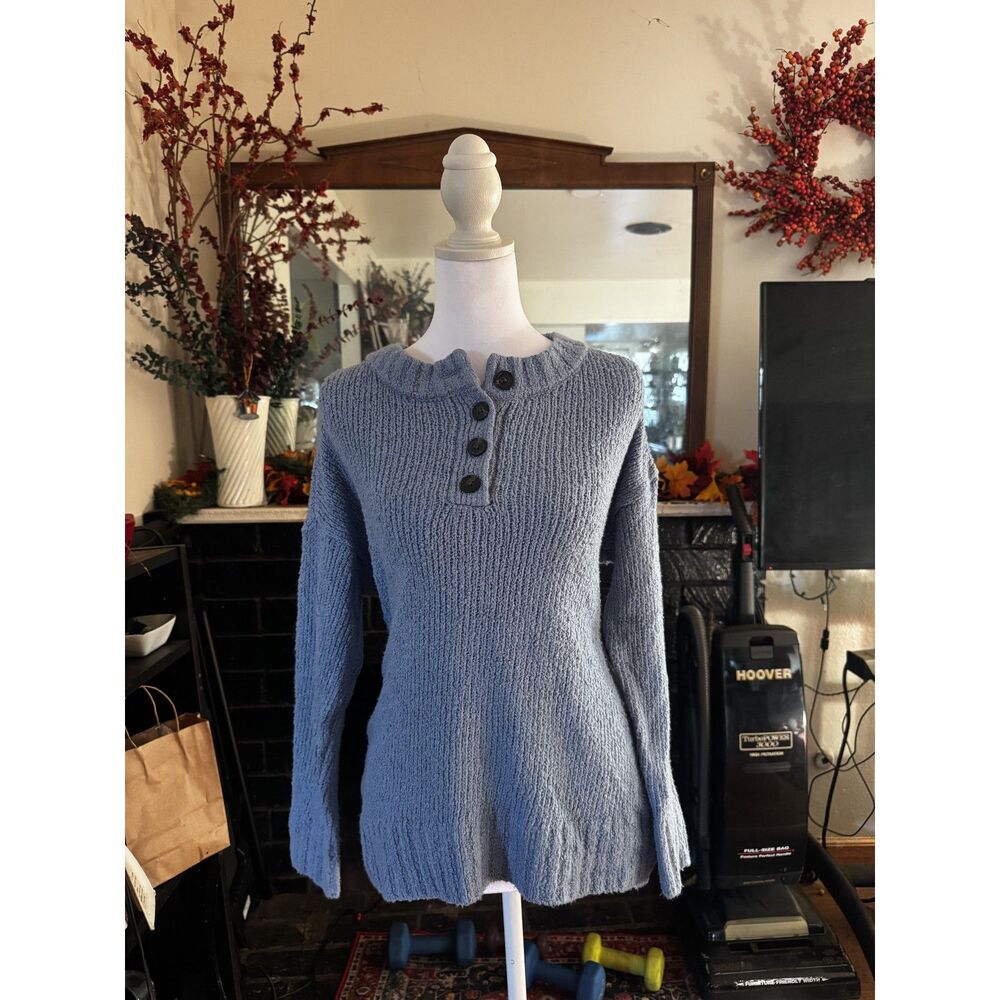 American Eagle Womens S Blue Henley Sweater Button Pullover Oversized Cozy Knit
